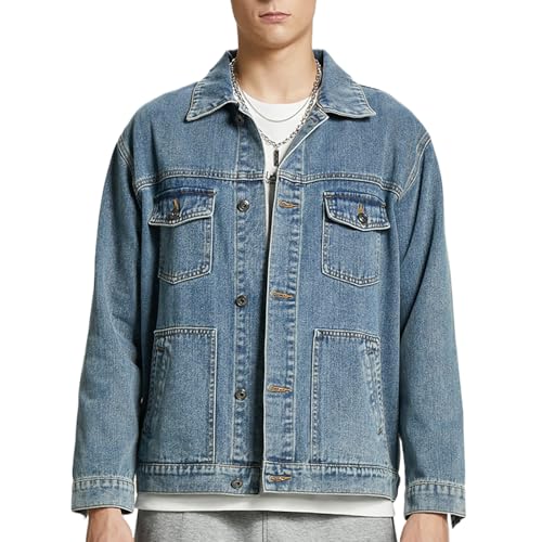 Image of Denim Jacket Men Vintage Autumn and Winter Tops Mens Denim Trucker Jacket