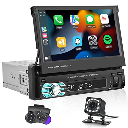 Podofo Autoradio 1 Din Carplay Android Auto Lien Miroir Rétractation Manuelle 7'' Écran Tactile Mains Libres Bluetooth FM/Clé 7 Couleurs/EQ/USB/Commande au Volant/AUX/MIC/SD/Caméra de Recul