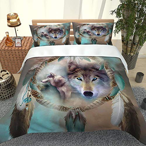 XOYKX 3 Pièces Parure De Lit 1 Personnes Attrape-Rêves Animal Loup 3D Housse De Couette 140X200Cm Ensemble De 3 Pièces Literie(1 Housse De Couette + 2 Taies d'oreiller),100% Microfibre Unique