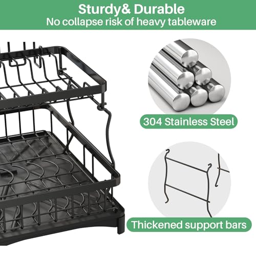 Image of SAYZH Detachable 2 Tier Dish Drainer and Drainboard Set, Large Capacity Organizer Shelf With Utensil Holder, Cup Rack for Kitchen Counter, Black