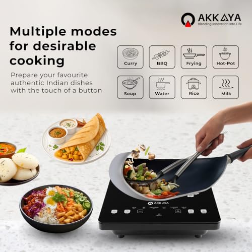 Image of AKKAYA 2200W Electric Infrared Cooktop | Touch Control | Crystal Glass Plate | Fast Heating | 6 Preset Modes | Auto Shut Off | Free Stainless Steel Grill Rack