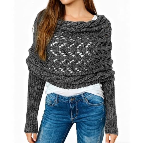 Feelorna Multifunktionaler Schal mit Ärmeln für Damen lange Warme Gestrickter Schal Sweater Wrap mit Ärmeln Mode Winterschal Weiche Boho Pashmina Schal für Damen (Dunkelgrau Einheitsgröße)
