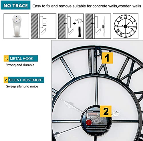 Eurson Large Wall Clocks Non-Ticking Silent 24 Inch Battery Operated Oversized Metal Round Roman Numerals European Industrial Wall Clocks For Home Kitchen Living Room Office Decor (24 Inch, Black) #TOP5