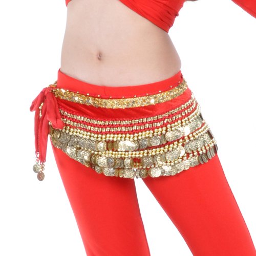 Bellylady Multi-Row Gold Coins Belly Dance Skirt Wrap & Hip Scarf, Gift Idea-Lake Blue #TOP6