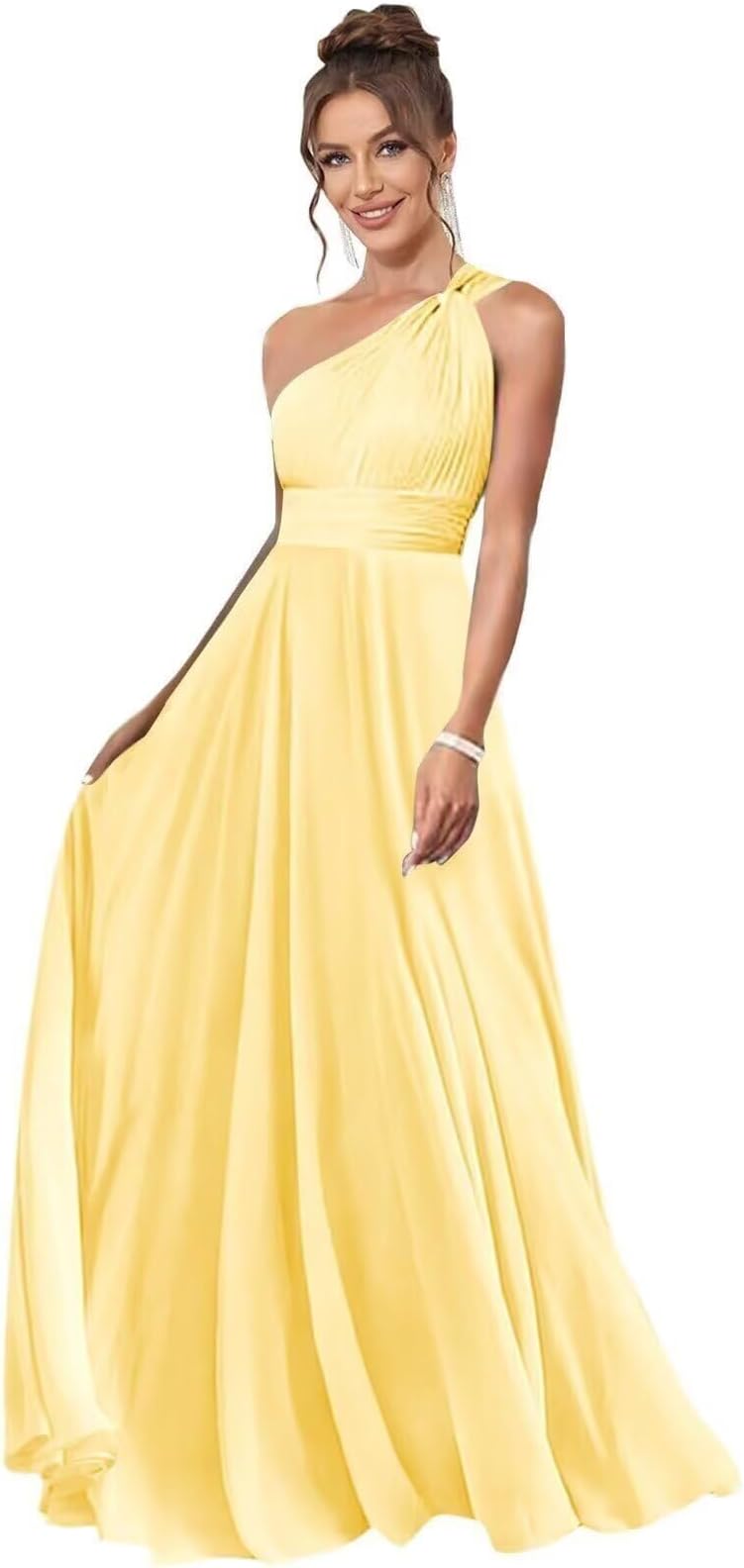 One Shoulder Bridesmaid Dresses with Pockets Long A Line Formal Party Dress Pleated Chiffon Evening Gowns WH33