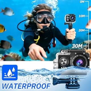 PQETBV Action Camera 4K, Telecamera Subacquea Impermeabile da 30 m, Obiettivo Grandangolare 120° Telecamera Sportiva, 2 Batterie e Kit di Montaggio, Action Cam per Snorkeling