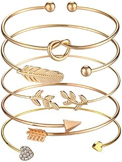 Softones 5pcs Bangle Gold Bracelets for Women Girls Heart|Olive Leaf|Arrow|Feather|Knot Heart Open Cuff