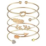 Softones 5pcs Bangle Rose Gold Bracelets for Women Girls Heart|Olive Leaf|Arrow|Feather|Knot Heart Open Cuff Bracelet Set Adjustable