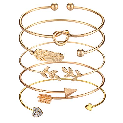 Softones 5pcs Bangle Gold Bracelets for Women Girls Heart|Olive Leaf|Arrow|Feather|Knot Heart Open Cuff Bracelet Set Adjustable