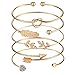 Softones 5pcs Bangle Rose Gold Bracelets for Women Girls Heart|Olive Leaf|Arrow|Feather|Knot Heart Open Cuff Bracelet Set Adjustable
