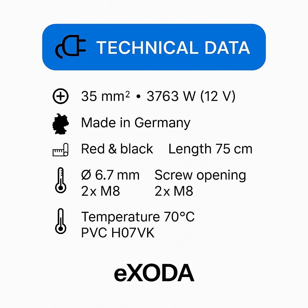 eXODA cavo batteria set 35 mm² 75 cm con terminali M8 rosso e nero per auto barche moto e altro alta qualità dei materiali flessibilità nella lavorazione
