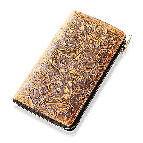 Scrodcat dames lederen portemonnee grote portemonnee en ontwerpen voor vrouwen en mannen portemonnee met polsband/geschenkdoos (bruine bloem)