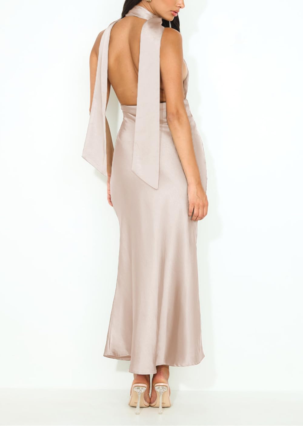 Summer Satin Halter Deep V Neck Backless Maxi Dresses for Women 2025 Silky Sleeveless Open Back Wedding Guest Long Dress - Image 4