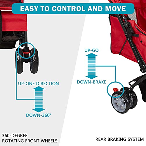 Livebest Folding Pet Stroller Elite Jogger Kitten Puppy Easy Walk Dog Cat Small Animals Travel Carrier with 360 Rotating Front Wheel red