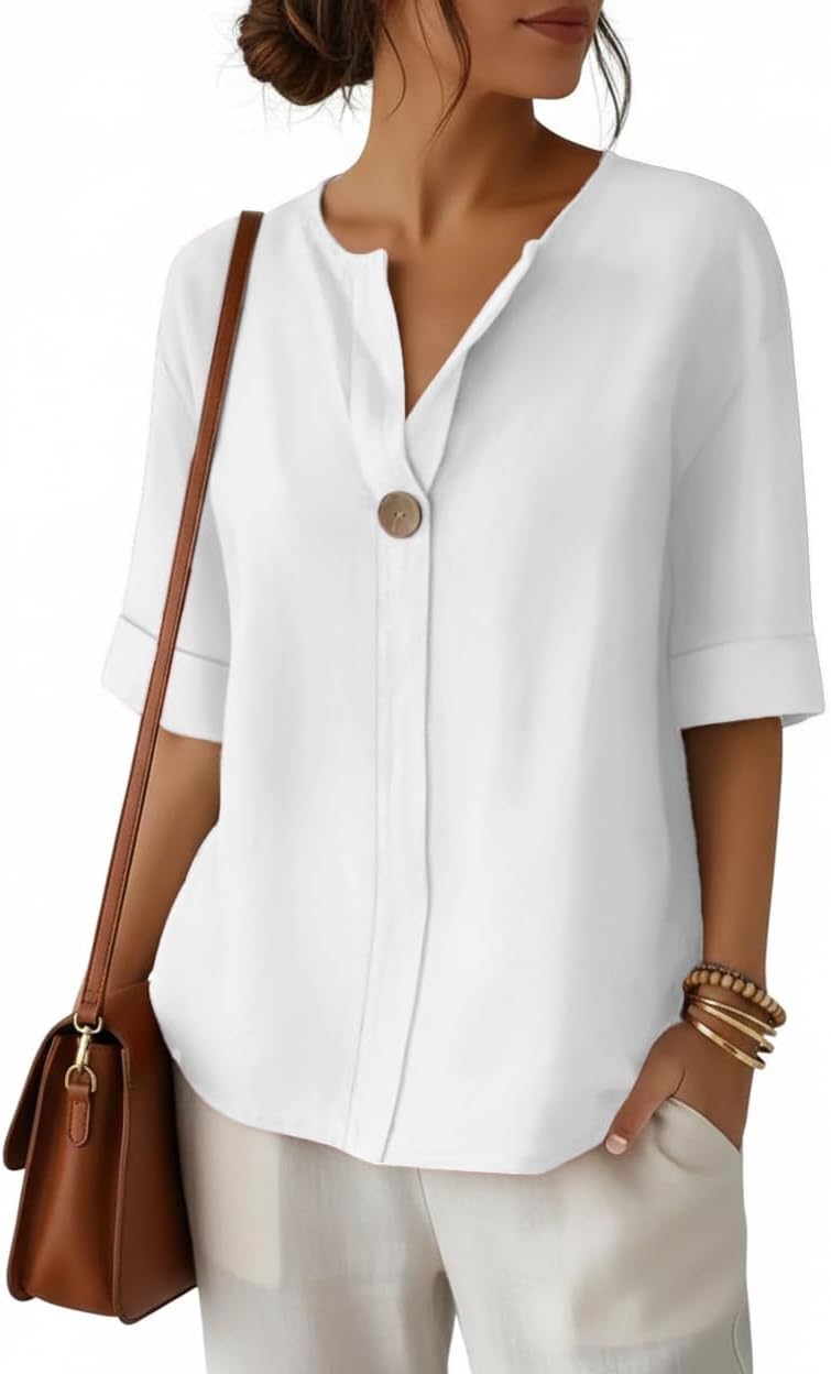 Summer Shirts for Women Button V Neck Blouses 2026 Short Sleeves Dressy Casual Tunic Tops