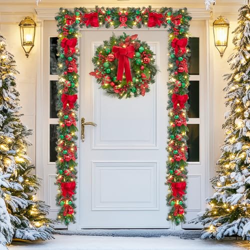GarveeHome 6ft Prelit Christmas Garland with Lights, Prelit Outdoor Xmas Garland with 20 LED Lights Red Green Balls & Velvet Bow for Indooor Mantle Fireplace Stairs Railing Decorations