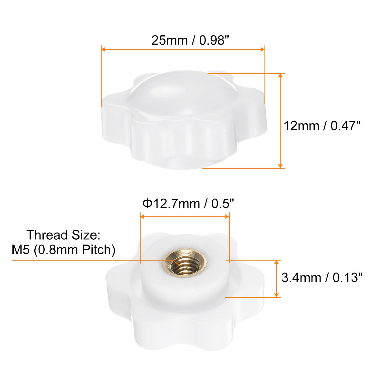 HARFINGTON 6pcs Star Knobs M5 Female Thread 25mm 6-Point Plastic Head Brass Insert Non-Through Hole Screw-in Threaded Hand Knob Clamping Handle, White