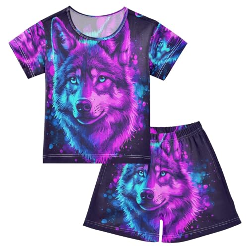 ALAZA Color Wolf Blue Pajamas Set Short Sleeve Cotton Sleepwear Summer Pjs 2 Piece 5-14Y