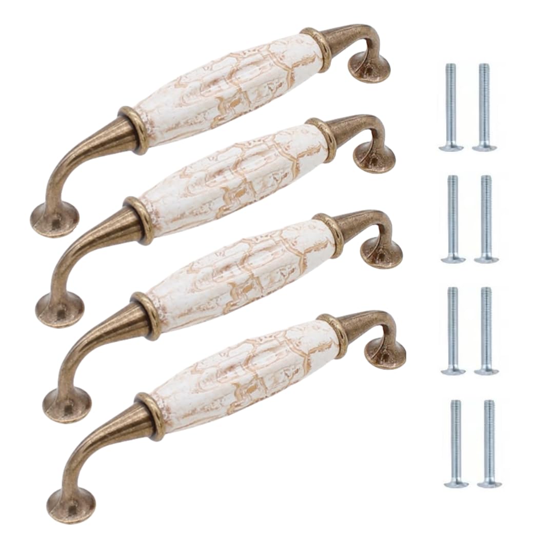 LQZAXSRDR Ceramic Cupboard Drawer Handle Knobs, Ceramic Zinc Alloy Door Knobs Cabinet Handles Fine Yellow Marble Multiple Sizes 4 Pcs(145 * 32mm)