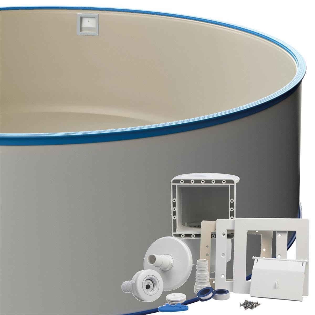 POWERHAUS24 Runder Stahlwandpool-Set Ø 3,00 x 1,20 m, inkl. Bodenschienen & Handlauf in Blau, Einbauskimmer-Set, Innenhülle 0,8 mm Sandfarben, Premium Qualität, Made in Europe