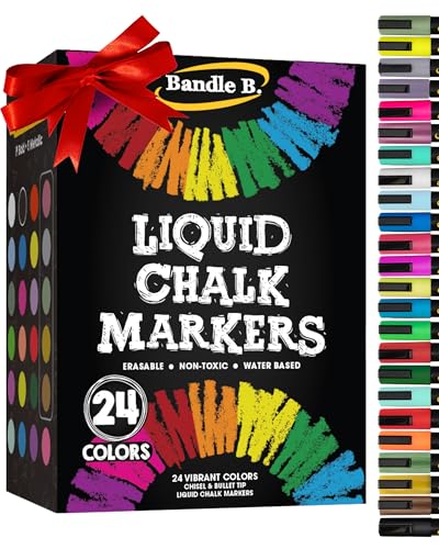 Bandle B. Chalk Markers - 24 Vibrant, Erasable, Non-Toxic, Water-Based, Reversible Tips. For Glass or Chalkboard Markers for Businesses, Restaurants, Liquid Chalk Marker (Vibrant 6mm)