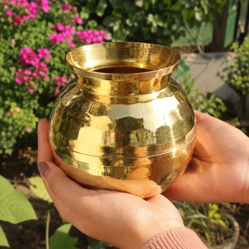 Image of Pure Source India Pure Brass Diamond Cut Lota Kalash for Diwali Puja Home Temple, 500ml (4 inch)