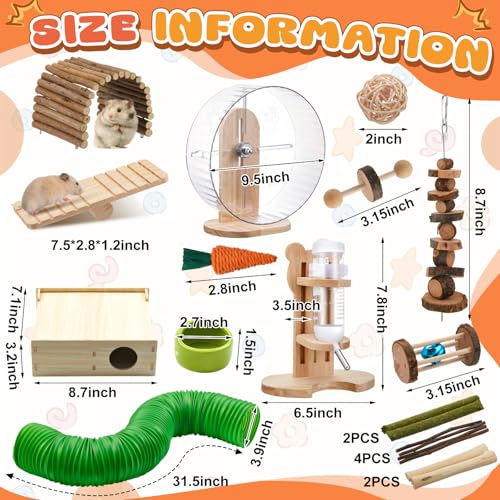20 Pcs Hamster Toys Set, 16 Small Animal Chewing Toys, Maze Wood House, Silent Exercise Running Wheels and Water Bottle Set Feeding Bowl for Hamster Habitat Rat Cage Accessories(Green) - Image 3