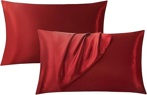 Juego de 2 fundas de almohada de satén ultra suave, 20 x 26 pulgadas, fundas de almohada estándar de seda rojo vino burdeos, cierre de sobre,