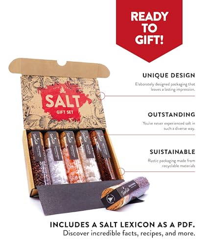 Image of TIMBER TASTE Premium Salt Sampler Set - 5 Gourmet Finishing Salts Smoky Gold Kala Namak Indian Pharao Pyramidensalz Namib Pearl | Sea Salt Mens Gifts Foodie Cooking Kit - Birthday Gift for Him