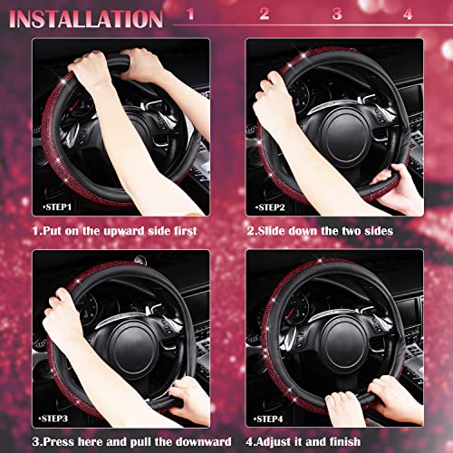 Car Pass Red Diamond Black Leather Steering Wheel Cover, With Bling Crystal Rhinestones Universal Fit 14" 1/2-15" Crystal Glitter For Women Sparkle Girl Fit Suvs,Vans,Sedans,Cars,Trucks, Red Diamond #TOP6
