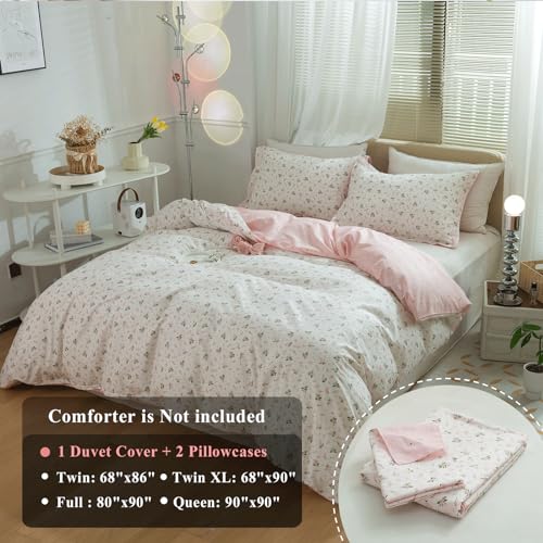 Image of VM VOUGEMARKET Reversible Pink White Flower Duvet Cover Set Full 100% Cotton Girls Aesthetic Garden Style Duvet Cover with 2 Pillowcases (3 pcs,80x90Inch)-no Filling
