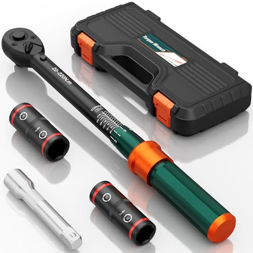 NADOKHI Llave Dinamométrica 1/2, 20-220Nm, Llave Dinamométrica Coche 4 Piezas con Barra de Extensión de 150mm, Vasos Dobles de 17 mm/19 mm, 21mm/23mm, Para Cambios de Neumáticos de Coche y Moto