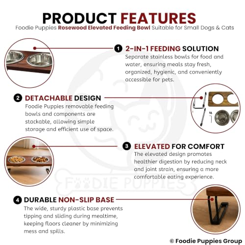 Image of Foodie Puppies Elevated Rosewood 2-in-1 Dog & Cat Feeder with Dual Stainless Steel Bowls (250ml Each) | Raised Wooden Feeding Stand | Anti-Slip Metal Legs | Food & Water Bowl