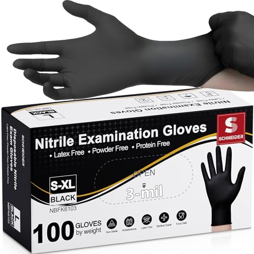 Schneider Nitrile Exam Gloves, Black Latex Free Powder Free Disposable Gloves for Medical, Cooking, Cleaning, and Food Prep (Large, 100)