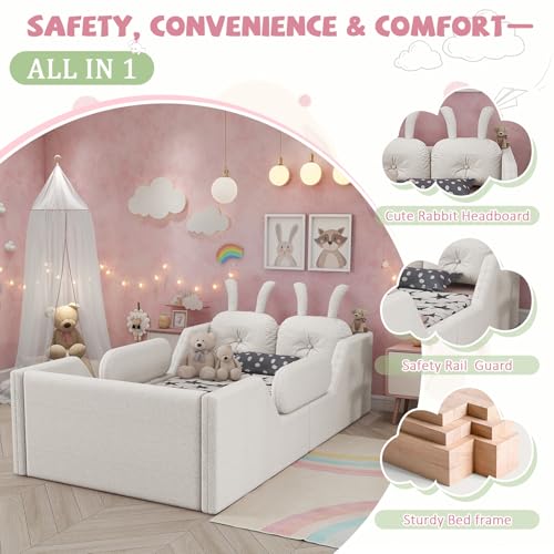 Image of Twin Size Kids Floor Bed Frame, Upholstered Montessori Platform Bed W /Removable Rails Cute Daybed Frame for Girls Boys, No Box Spring Required,Beige