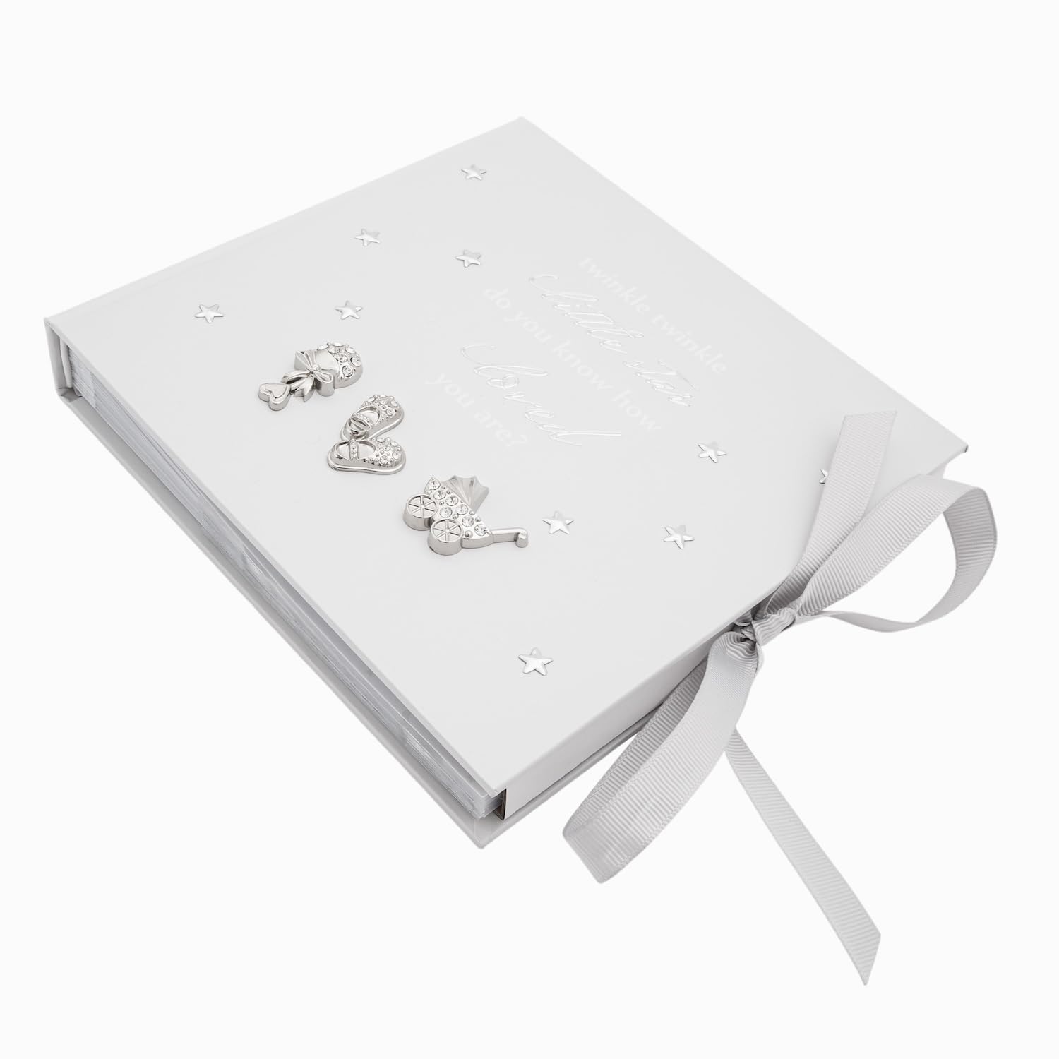 Happy Homewares Twinkle Twinkle Baby Shower Keepsake Photo Album with Silver Plated and Diamante Rattle Pram and Booties - Image 2