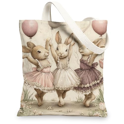 Bunny Canvas Tote Bags, Cute Animal Dance Pattern Reusable Bags, Vintage Lightweight Washable Shoulder Strap Canvas Bags fo