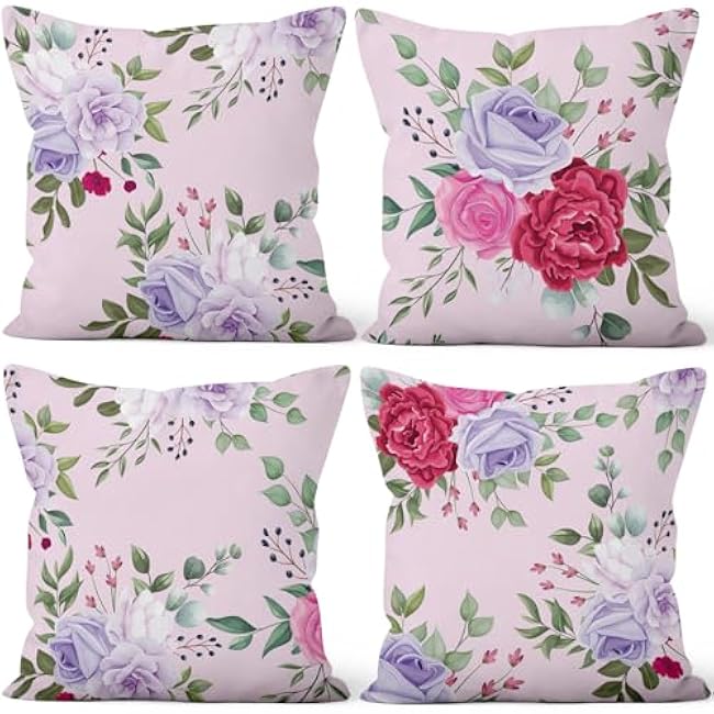4 Pcs/Set Rose Flowers Pillow Covers Summer Floral Green Leaves Pink Flowering Shrub Natural Scenery Watercolor Romantic Linen Cushion Case for Outdoor Couch Sofa Bedroom, 16x16