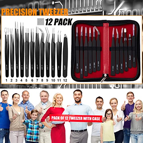 Antonki 12 Pack Precision Tweezers Set for Craft, Soldering, Jewelry, Facial Hair, Eyebrow, Ingrown Hair Removal, Eyelash Extension- with Case - Image 6