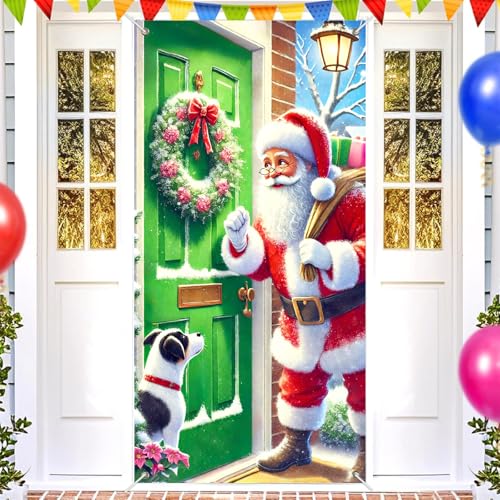 Image of BlissYard Holiday Door Cover Santa Dog 35x71 Inch Polyester