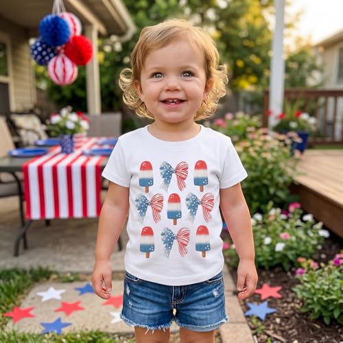 Image of Kids Toddler Girls 4th of July T-Shirt Short Sleeve Patriotic Coquette Bow American Flag Independence Day Top