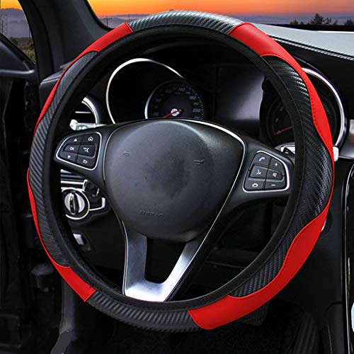 ZaCoo Car Steering Wheel Cover Universal No Fixed Inner Carbon Fiber Texture Anti-Skid Ventilation Steering Wheel Cover Fit for Truck, SUV, Cars 14-15 inch (Red) (Black&Red)