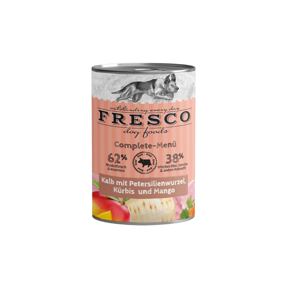 Fresco Complete-Menü Kalb mit Petersilienwurzel, Mango & Johannisbeere | 12er Pack | 12 x 400 g | Nassbarf für Hunde | Wichtige Proteine & Eiweiß | Aus reinem Muskelfleisch