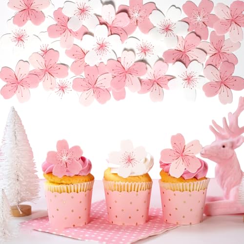 60 Pcs Edible Flowers Cake Topper Cupcake Toppers Decorations Wafer Paper Pink Cherry Blossom Flowers Wedding Themed Party Birthday Cake Decoration