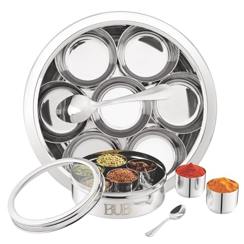 Bub Masala Dabba Spice Tin 18.5cm | Stainless Steel | 7 Pots & Spoon