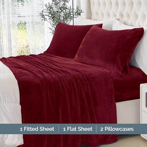 Elegant Comfort Luxuriously Soft 4-Piece Velvet Plush Flannel Sheet Set - Premium Quality - Cozy Warm, Anti-Static, Non Pilling Fuzzy Velvet Flannel Fleece Deep Pocket Sheet Set - Twin XL, Burgundy