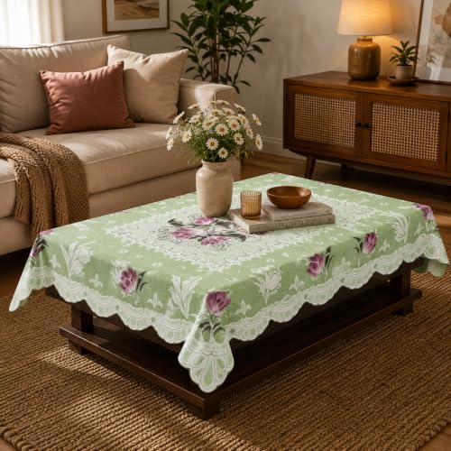Image of STITCHNEST Florenza Green Cotton Net Table Cover 40x60 Inches