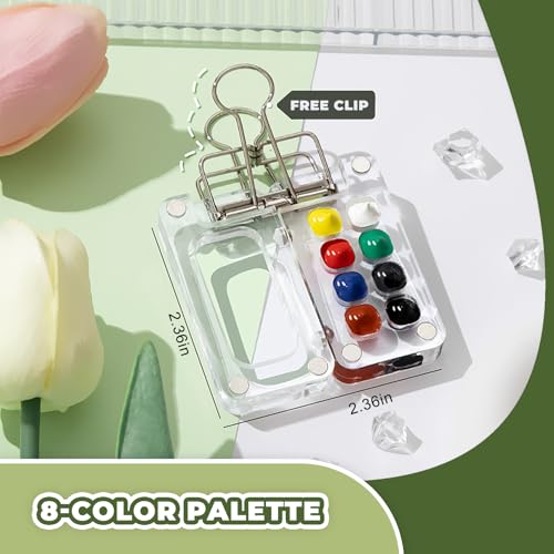 Image of Mini Watercolor Set, Travel Palette for Sketching, Acrylic Palette | 12 colors, 3 water brushes, blue sketchbook, palette and clip; 6x6cm mini kit for travel, outdoor sketching and art class