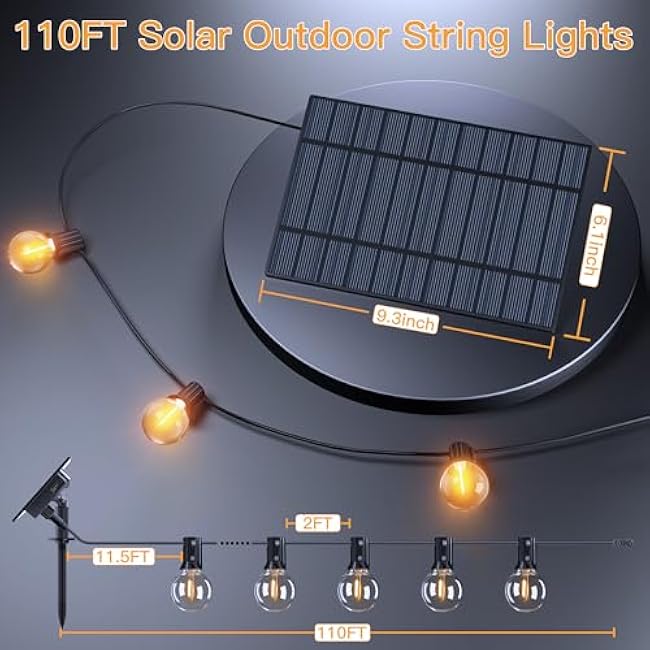 Ollny 110FT Solar String Lights for Outside, Waterproof Remote Control Dimmable Timers 3Modes Outdoor Light with 50 LED + 2 Spare Shatterproof Bulb, G40 Hanging Lights for Patio Pool House Garage