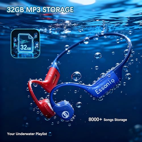 Image of Bone Conduction Headphones IP68 Waterproof Swimming Headphones with Mic Bluetooth Open Ear Earbuds with MP3 Mode 32GB Memory Deep Bass Secure Fit Hearing, Blue